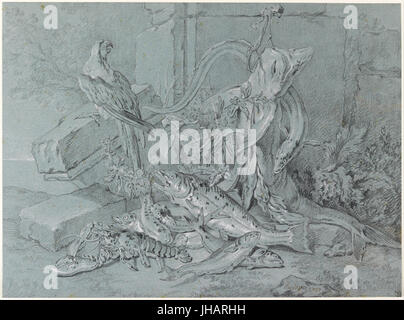 Jean-Baptiste Oudry - Stillleben mit Fisch und Papagei- Stockfoto