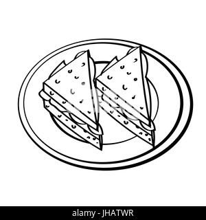 Hand gezeichnete Skizze des Sandwiches in Schale, isoliert, schwarz / weiß-Cartoon-Vektor-Illustration für Coloring Book - Linie gezeichnet Vektor Stock Vektor