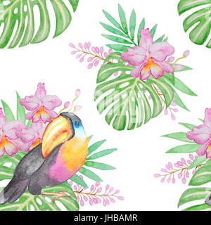 Aquarell Musterdesign mit tropischer Vögel und Blumen Stockfoto