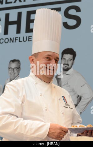 Französischen Küchenchef Christophe Marguin liefert öffentliche Kochkurs in Lyon (Frankreich) Stockfoto