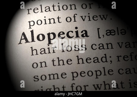 Gefälschte Wörterbuch, Wörterbuch-Definition des Wortes Alopezie. einschließlich der wichtigsten beschreibende Wörter. Stockfoto
