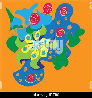 Vektor-abstrakte Design mit geschwungenen Formen und Scroll Linien. Rosa, Magenta, Türkis, Aqua, gelb, Orange, grün und blau auf einem orangefarbenen Hintergrund. Stock Vektor