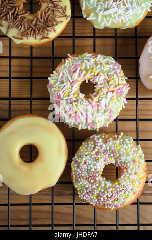 Overhead Schuss Geeiste (mattierte) Berliner (Krapfen), mit einer Vielzahl von Streusel auf einem Draht Rack über Holztisch kochen. Stockfoto