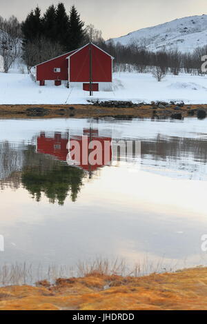 Häuser-Boot Meer wirft in Vestpolloya Insel der Austnesfjorden im Wasser spiegeln. Vestpollen Dorf-Nordlia und Slettlia mounts Hintergrund. Centr Stockfoto