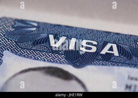 Einheitsstaat Visum-Stempel-Makro in Passport-Seite Stockfoto
