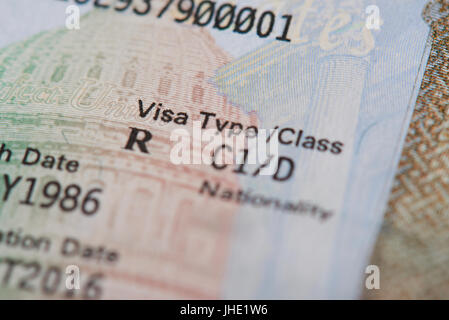 Makroaufnahme einer amerikanisches Visum Typ auf Passport-Seite Stockfoto