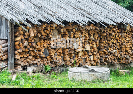 Scheitholz gestapelt in einem Holzstapel unter einem Baldachin Stockfoto