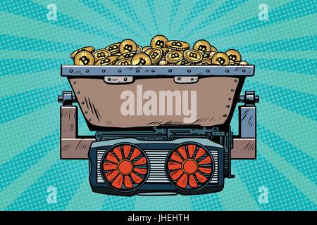 Bergbau-Trolley mit Kryptowährung bitcoin Stock Vektor