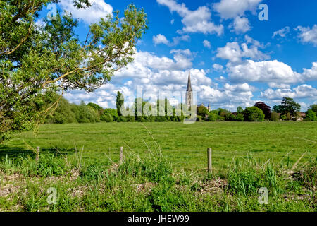 Kathedrale von Salisbury, Wiltshire, Vereinigtes Königreich, wie aus den Harnham Auen zu sehen. Stockfoto