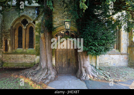 Eiben und Tür von St. Edward's Kirche, Stow-on-the-Wold, Cotswolds, Gloucestershire, England, Vereinigtes Königreich, Europa Stockfoto
