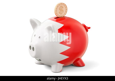 Sparschwein mit Flagge von Bahrain und Dollar Goldmünze. Investitionen und Geschäftskonzept, 3D rendering Stockfoto