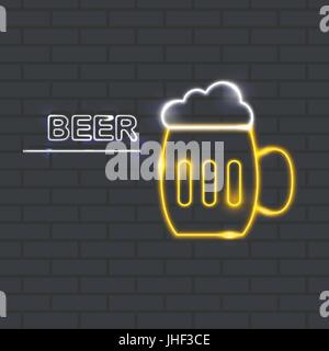 Neon-Symbol für bar und Nacht Club Vektor Illustration weißen Neon Inschrift Bier und weiss-gelb Neon-Bierkrug auf dunkle Mauer unterzeichnen Hintergrund Tre Stock Vektor