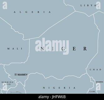 Niger politische Karte mit Hauptstadt Niamey, internationale Grenzen und Nachbarn. Republik und Binnenstaat in Westafrika. Graue Abbildung. Stockfoto