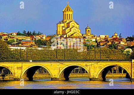 Dreifaltigkeitskirche (Sameba) Kathedrale von Tiflis und trockenen Brücke am Fluss Mtkwari in Georgien.  --Digitale Fotokunst Stockfoto