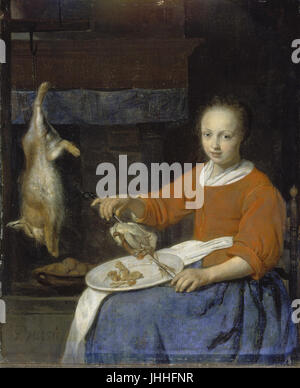 Gabriel Metsu - Kitchenmaid Skewering Geflügel Stockfoto