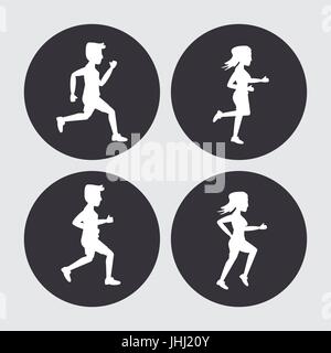 weißen Hintergrund mit schwarzen Kreisen Silhouetten von Männern und Frauen Athleten laufen Stock Vektor
