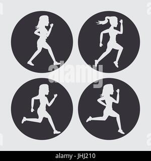 weißer Hintergrund mit schwarzen Kreisen set Silhouetten der Sportlerinnen laufen Stock Vektor