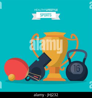 blauem Hintergrund der gesunde Lifestyle Sport mit Trophäe und Kettlebell und Pfeifen und Ping-Pong-Schläger Stock Vektor