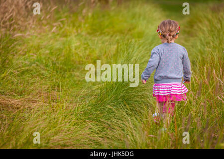 Babymädchen zu Fuß unter dem hohen Rasen auf einer Wiese im Herbst Stockfoto