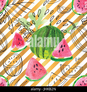 Nahtlose Muster aus den saftigen Lappen der Wassermelonen. Modernen Hintergrund mit Aquarell rote Scheiben und grün runden Wassermelonen. Stockfoto