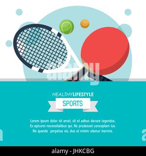 bunte Poster von gesunden Lifestyle Sport mit Schlägern und Bällen von Tennis und Tischtennis Stock Vektor