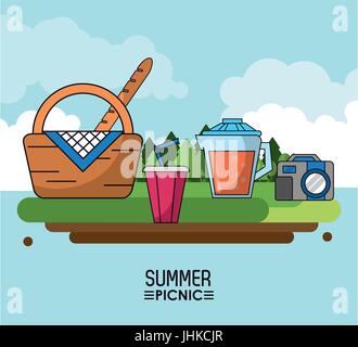 Himmel Hintergrund Plakat des Sommer-Picknick mit Outdoor-Landschaft und Picknick-Korb und Saft Glas und Tasse und Foto Kamera Stock Vektor