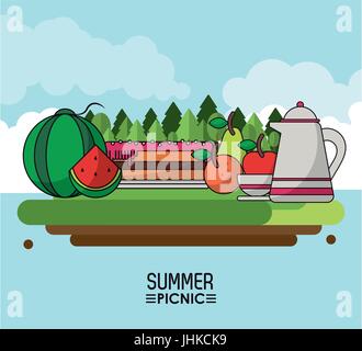 Himmel Hintergrund Plakat des Sommer-Picknick im freien Landschaft mit Jar Früchte, Kaffee und Kuchen Stock Vektor