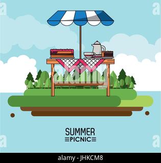 Himmel Hintergrund Plakat des Sommer-Picknick im freien Landschaft von Tisch mit Sonnenschirm und Kuchen mit Kaffee Glas Stock Vektor