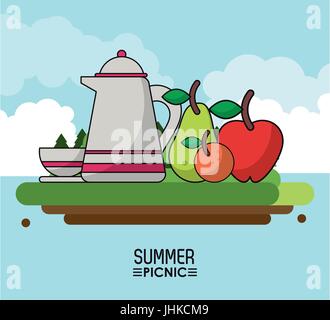 Himmel Hintergrund Plakat des Sommer-Picknick im freien Landschaft von Glas Kaffee und Obst Stock Vektor