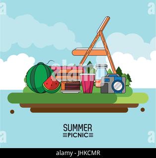 Himmel Hintergrund Plakat des Sommer-Picknick im freien Landschaft von Stuhl und Wassermelone und Kuchen und trinken und Kamera Foto Stock Vektor