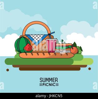 Himmel Hintergrund Plakat des Sommer-Picknick im freien Landschaft der Picknick-Korb und Wassermelone und Sandwich und Getränk und Baguette Stock Vektor