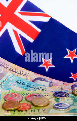 Neuseeland Geld und Flagge. Stockfoto