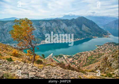 Blick auf die Bucht von Kotor und Stadt im Herbst, Montenegro Stockfoto