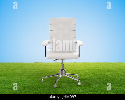 3D Rendering Bürostuhl auf dem grünen Rasen Stockfoto
