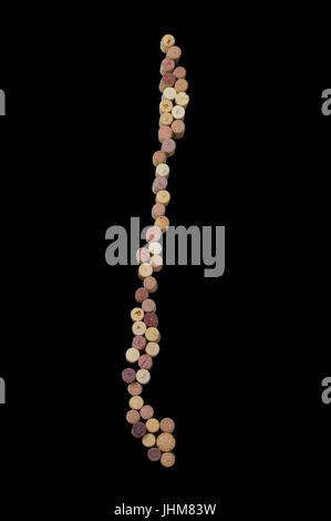 Weinerzeugende Länder - Karten aus Weinkorken. Landkarte von Chile auf schwarzem Hintergrund. Clipping-Pfad enthalten. Stockfoto