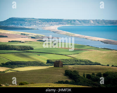 Abbotsbury Hügel, Dorset, UK. 14. Juli 2017. Sonniges Wetter über West Dorset Blick in Richtung Weymouth und Portland von Abbotsbury Hügel. Bildnachweis: DTNews/Alamy Live Stockfoto