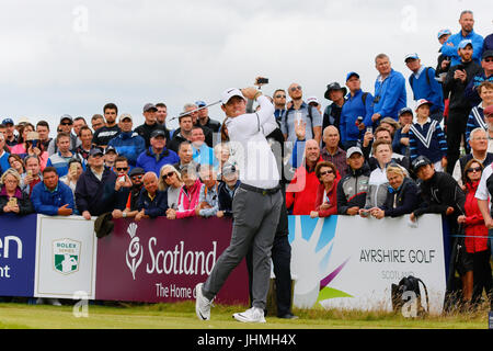 Irvine, Ayrshire, Schottland, Großbritannien. 14. Juli 2017. Am zweiten Tag der Scottish Open hofften die Spieler zu spielen gut und machen den Schnitt. Nach ruhigem Wetter am ersten Tag fanden einige Spieler die Bedingungen von starken Winden und Links Stil schwierig, während andere besser gespielt als in der ersten Runde Golf. Bildnachweis: Findlay/Alamy Live-Nachrichten Stockfoto