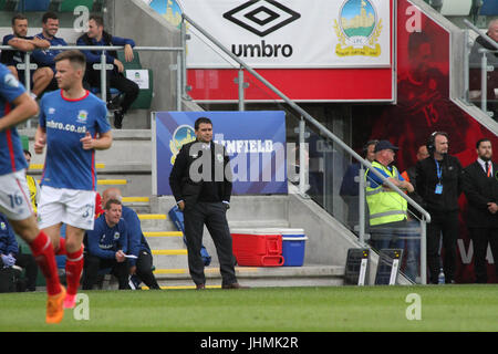 Windsor Park, Belfast, UK. 14. Juli 2017. Linfield V Celtic (UEFA CL QR2 1. Bein). Linfield Manager David Healy. Credit: CAZIMB / Alamy Live News. Stockfoto