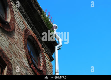 Weidenröschen Blüten auf dem Dach des historischen Backsteingebäude Ekaterinburgverder, Gattschina. Das Gebäude wurde im Jahre 1796 gebaut. Allmähliche Zerstörung. Stockfoto