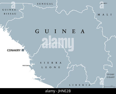 Guinea politische Karte mit Hauptstadt Conakry. Republik und Land an der Westküste von Afrika, früher bekannt als Französisch Guinea. Graue Abbildung. Stockfoto