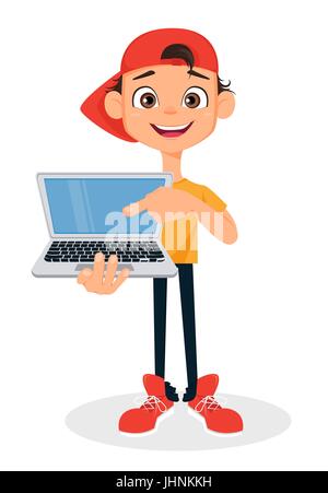 Cool Boy in GAP holding Laptop. Niedliche Cartoon-Figur. Vektor-Illustration. Stock Vektor