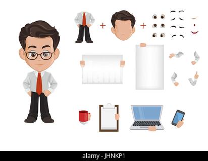 Business Mann Cartoon Charakter Erstellung Set, Konstruktor. Süße junge Geschäftsmann im Buro-Kleidung. Vektor-illustration Stock Vektor