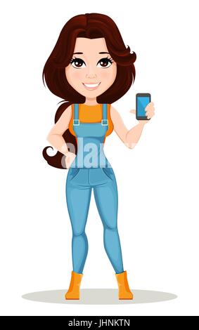 Bauernmädchen in Arbeit Overall gekleidet. Niedlichen Cartoon Charakter Holding Smartphone. Einsetzbar für Animation, als gestalterisches Element und in einer Farm im Zusammenhang mit Stock Vektor