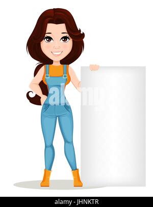 Bauernmädchen in Arbeit Overall gekleidet. Niedlichen Cartoon Charakter in der Nähe von großen leeren Banner stehen. Verwendbar für Animation, als gestalterisches Element und in beliebigen Bauernhof r Stock Vektor