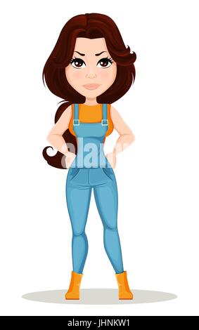 Bauernmädchen in Arbeit Overall gekleidet. Niedlichen Cartoon Charakter zeigt Wut. Für Animation, als gestalterisches Element und alle damit verbundenen Farmprojekt nutzbar. D Stock Vektor