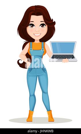 Bauernmädchen in Arbeit Overall gekleidet. Niedlichen Cartoon Charakter Holding Laptop. Für Animation, als gestalterisches Element genutzt werden und in einer Farm im Zusammenhang mit proj Stock Vektor