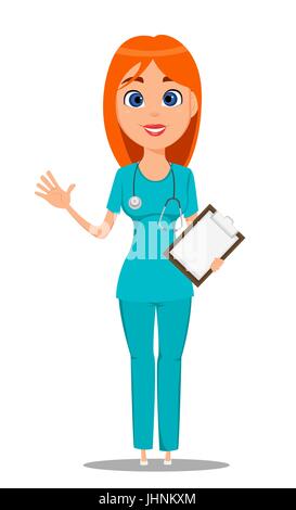 Krankenschwester, medizinische Arbeiter in blauer Uniform (Tunika und Hose) mit Stethoskop, hält Zwischenablage und winkenden Hand. Niedliche Cartoon-Figur. Vektor-Fittings Stock Vektor
