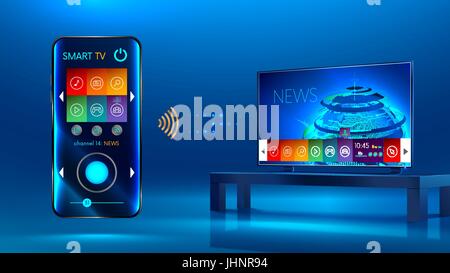 Smart TV ist auf dem Tisch. Smart TV-Interface. Ein Smartphone ist eine Fernbedienung für einen smart TV. Schnittstelle für Smartphone App Vektor Stock Vektor