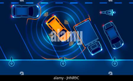 Smart Auto ist auf dem Parkplatz, die Aussicht von oben automatisch geparkt. Parking Assist System Security scannt die Straße. Vektor-Illustration. Stock Vektor