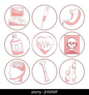 weißen Hintergrund mit roten Farbe Abschnitte der Silhouette Symbole Gesundheit Stock Vektor